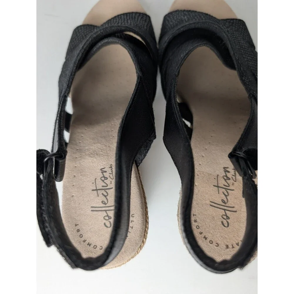 Clarks Sandals Womens 8.5 M Comfort Black Leather Espadrille Wedge Lafley Krissy